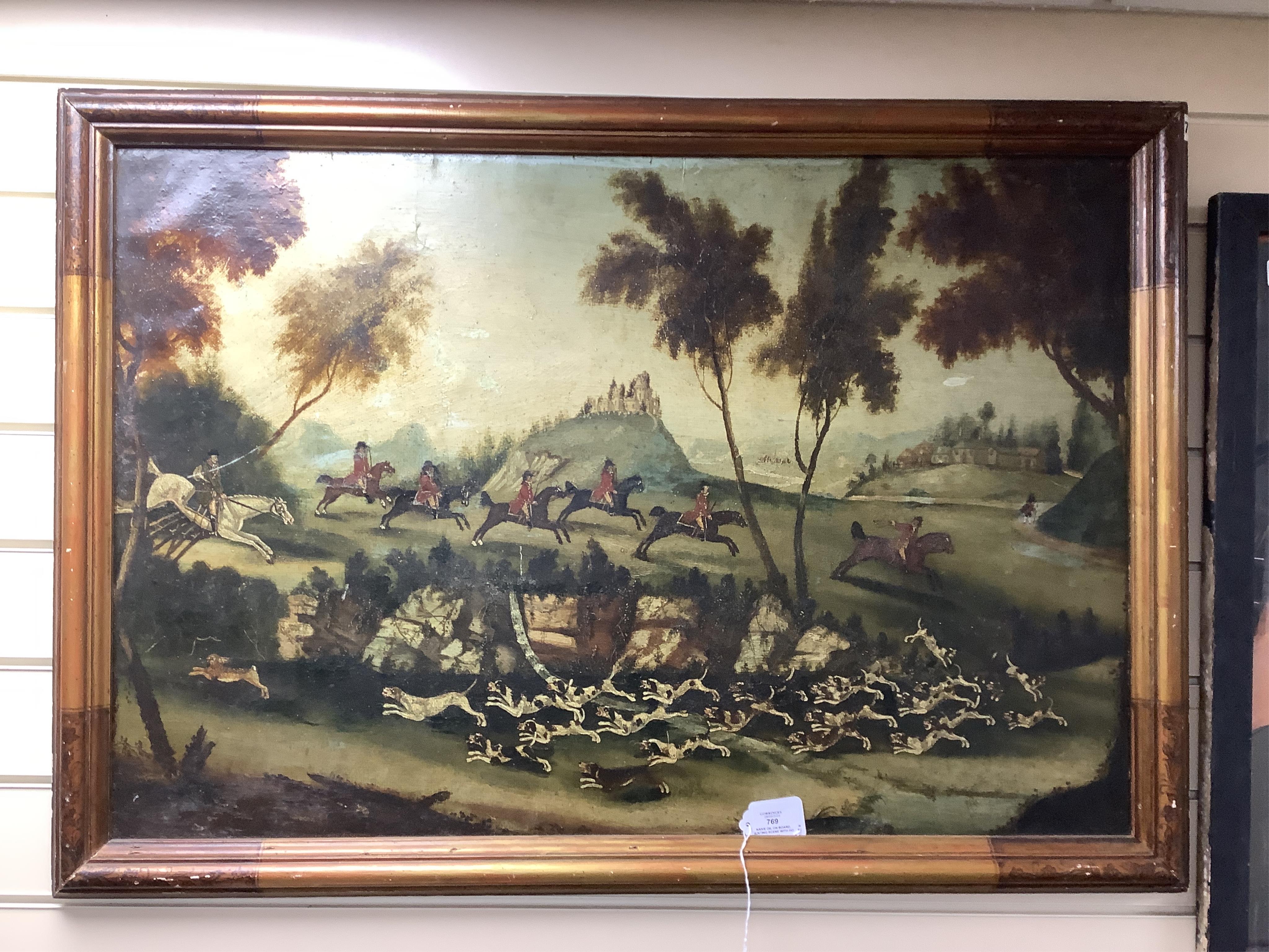 Naive oil on board, Hunting scene with hounds, unsigned, 58 x 87cm. Condition - poor